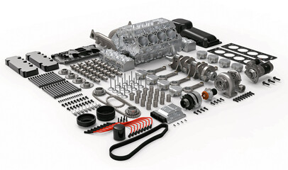 Car engine disassembled. Car engine spare parts. 3d illustration