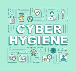 Cybersecurity hygiene word concepts banner. Priority security hygiene. Informatic health. Infographics with linear icons on mint background. Isolated typography. Vector outline RGB color illustration