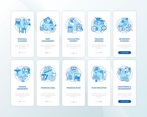 Financial literacy onboarding mobile app page screen with concepts set. Money investment plan. Wealth future walkthrough 5 steps graphic instructions. UI vector template with RGB color illustrations