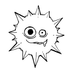 Vector outline of a mad virus with spikes, bulging eyes and drool from the mouth.