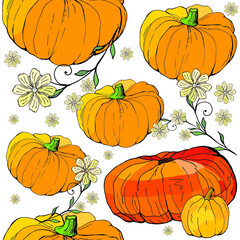  vector seamless background with bright holiday pumpkins for design. doodles