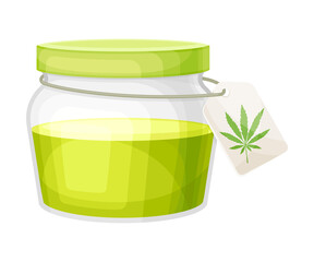 Hemp Oil in Glass Jar with Label as Organic Cosmetic Product Vector Illustration