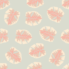 Light pastel seamless doodle pattern with random monstera leaves silhouettes. Pink and blue soft palette artwork.
