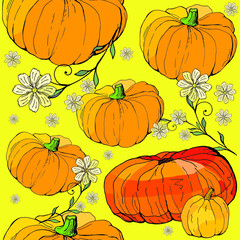  vector seamless background with bright holiday pumpkins for design. doodles