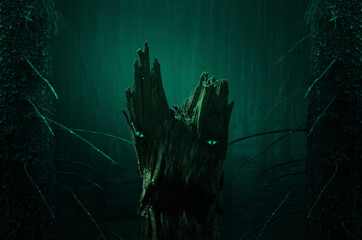 Halloween night forest, scary stump with shining eyes and open mouth. Framed by two fir trees