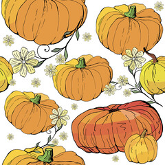  seamless background with bright holiday pumpkins for design. doodles
