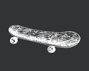 Skateboard, longboard, pennyboard isolated on grey background. Engraved style vector illustration for poster, decoration or print. Hand drawn sketch. Detailed vintage etching drawing