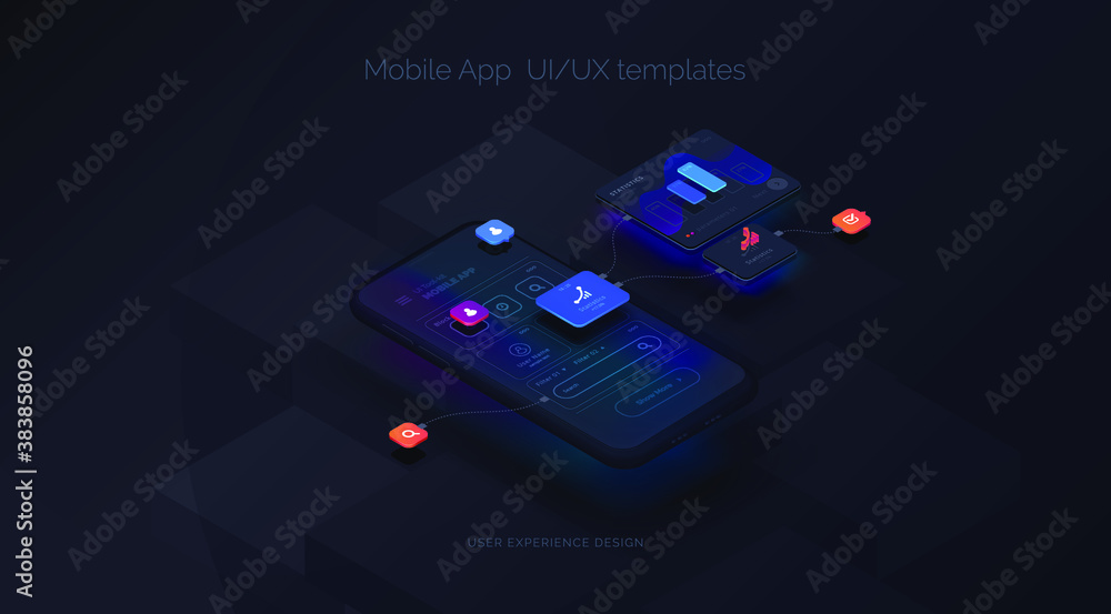 Fototapete User experience. Smartphone mockup on black background with interactive user interface. The process of creating a mobile application. Website wireframe for mobile apps with active layers and links