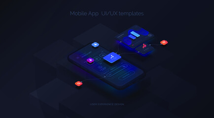 User experience. Smartphone mockup on black background with interactive user interface. The process of creating a mobile application. Website wireframe for mobile apps with active layers and links