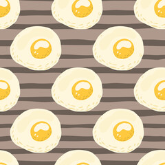 Omelette doodle seamless pattern. Simple food ornament with breakfast meal on purple stripped background.