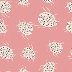 Fototapeten Random seamless pattern with doodle ladybug silhouettes. White and black colored insects ornament on pink background. © smth.design