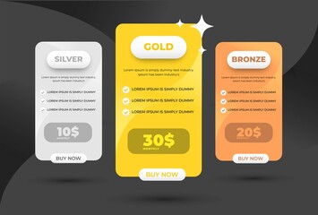 Pricing plan, price list, price table ui banners template, website design element, Vector