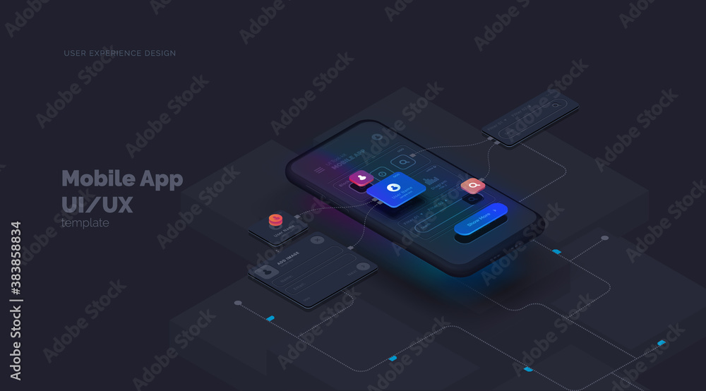 Poster user experience. smartphone mockup on black background with interactive user interface. the process 
