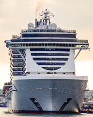 Mega modern MSC cruiseship or cruise ship liner in port of Valletta, Malta island with panoramic...