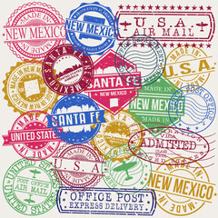 Santa Fe New Mexico Set of Stamps. Travel Stamp. Made In Product. Design Seals Old Style Insignia.
