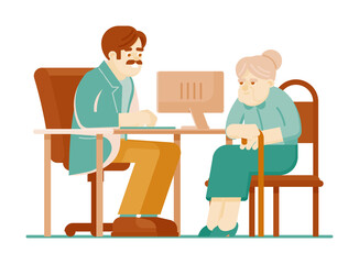 Doctor consultation. Doctor therapist talking with old woman patient sitting at table isolated on white background. Vector consultation and medicine diagnosis checkup for elderly illustration