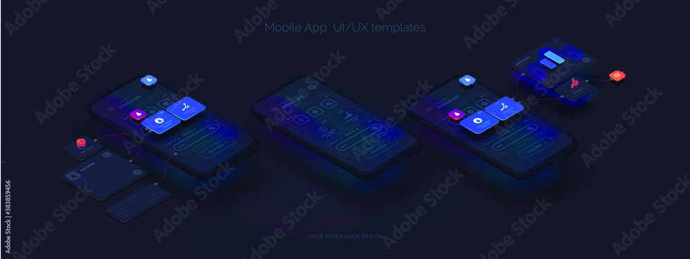 Poster user experience. smartphone mockup on black background with interactive user interface. the process 