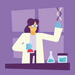 covid 19 virus vaccine research and chemical woman with flasks vector design