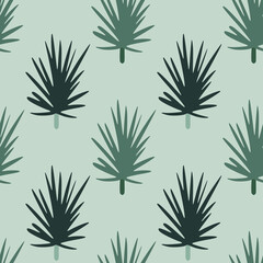 Simple seamless pattern with stylized doodle pine branches ornament. Navy blue and green colored foliage on pasel background.