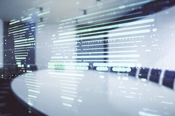 Multi exposure of abstract graphic world map hologram on a modern furnished office interior background, connection and communication concept