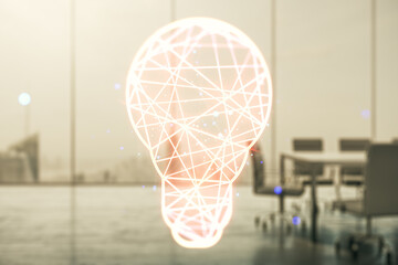 Abstract virtual light bulb illustration on a modern coworking room background, future technology concept. Multiexposure