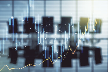 Multi exposure of virtual abstract financial graph interface on a modern coworking room background, financial and trading concept