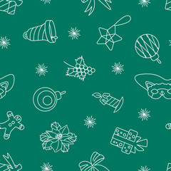 Seamless Christmas white pattern on a green background. Christmas tree decorations and symbols of the holiday. Flat vector illustration.