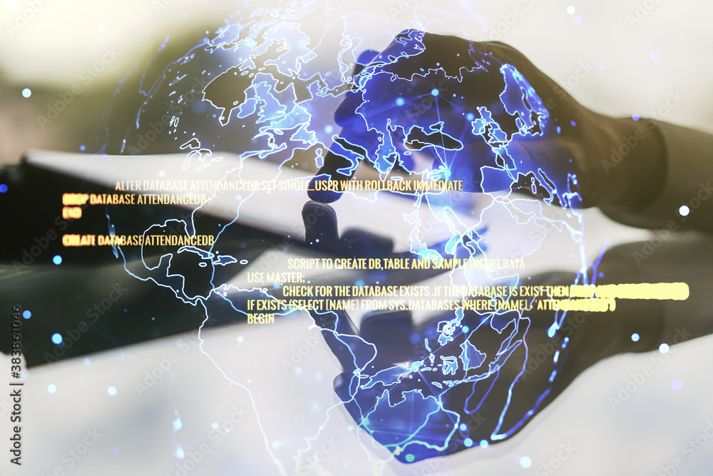 Aufkleber multi exposure of abstract software development hologram with world map and finger presses on a digi