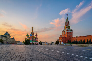 Saint Basil's Cathedral, Spasskaya Tower and Red Square in Moscow, Russia. Architecture and...