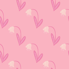 Campanula doodle seamless pattern with simple flower silhouettes. Pink palette tender artwork. Botanic ornament.