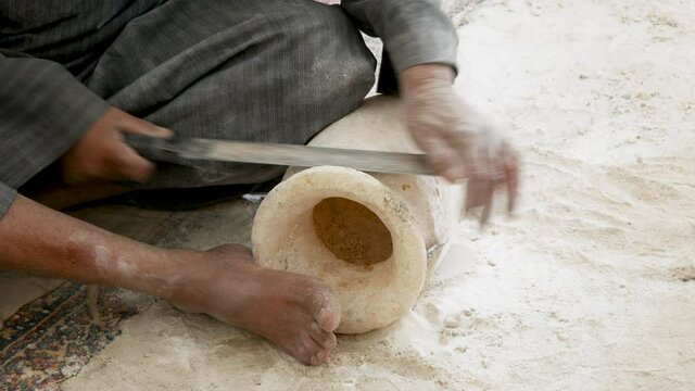 Macro Close Up Shot of Stone Cutter  Process Details. Craftsman Carving Alabaster Slab In Luxor As Part of Performance Of Working Process For Tourists in Egypt