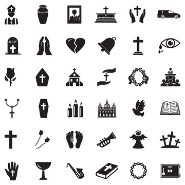 Funeral Icons. Black Flat Design. Vector Illustration.
