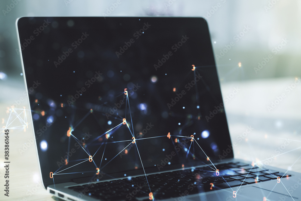 Aufkleber creative abstract wireless technology hologram on modern computer background, artificial intelligenc