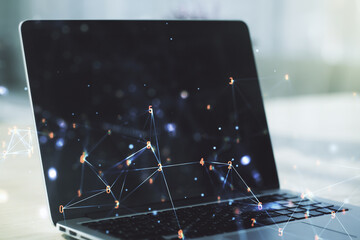 Creative abstract wireless technology hologram on modern computer background, artificial intelligence and machine learning concept. Multi exposure