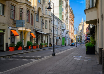 Street in center of Moscow in Russia. Cozy cityscape in Moscow. Architecture and landmarks of Moscow.