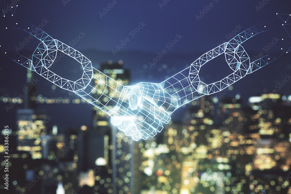 Aufkleber abstract virtual blockchain technology hologram with handshake on blurry skyline background. digital