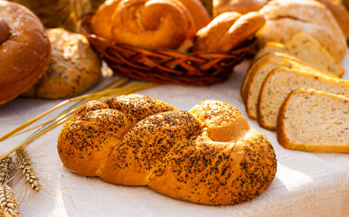 lot of different flavored bread, wheat, rye, on the table in the field outside