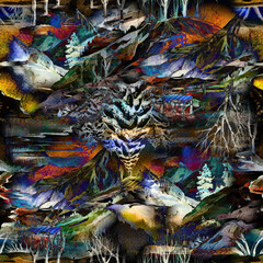 Seamless pattern in dark colors with fir trees, mountains, watercolor. 