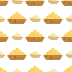Seamless isolated pattern with basket cream silhouettes. Sweet tasty bakery print in yellow tones on white background.