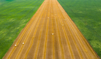 Obraz premium Aerial view of hay bale stacks at countryside