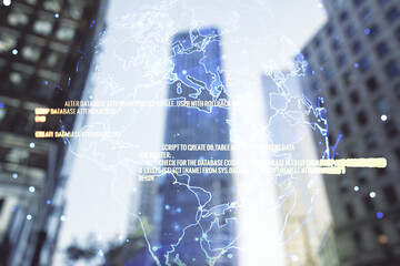 Multi exposure of abstract graphic coding sketch and world map on modern architecture background, big data and networking concept
