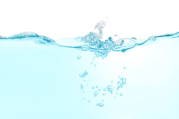 Water wave splash clean blue and bubbles isolated on white water background with copy space