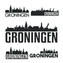 Fototapeta na wymiar Groningen Netherlands Flat Icon Skyline Vector Silhouette Design Set Logo.