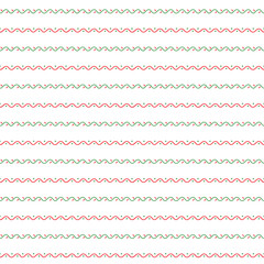 Christmas seamless pattern with wavy stripes in red and green colors. Print for fabric, textile and linen, gift and wrapping paper, greeting cards, scrapbooking album or collages, winter decorations.