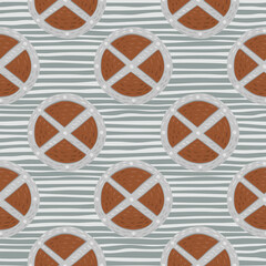 Seamless stylized pattern with scandinavian brown circle wood shield ornament. Grey striped background. Weapon print.