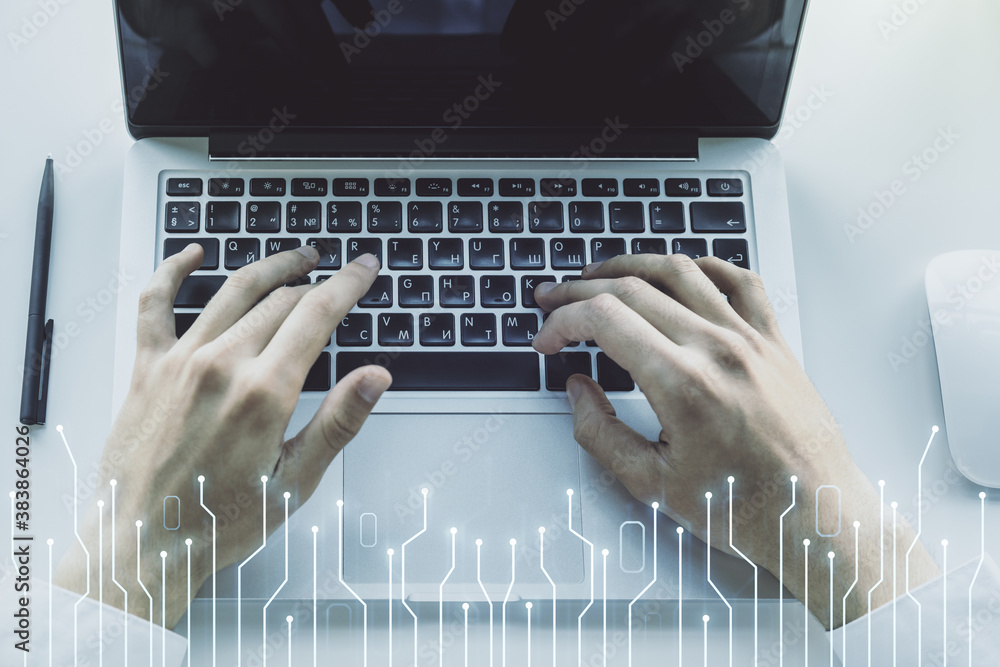 Poster creative abstract micro chip hologram and hands typing on computer keyboard on background, artificia