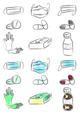 A set of medical masks, pills, and more