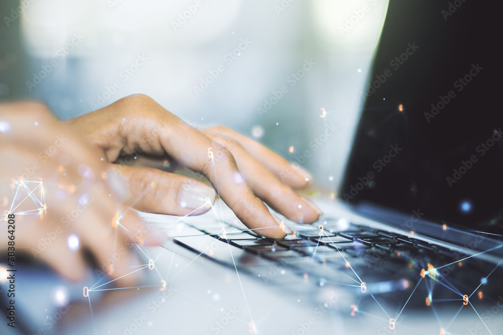Poster creative abstract wireless technology hologram and hands typing on computer keyboard on background, 