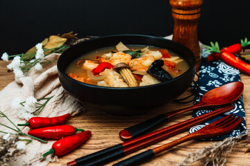 Closeup mix seafood soup pot