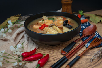 Closeup mix seafood soup pot